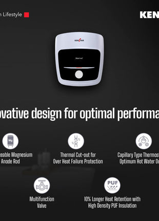 Kenstar Marvel 10-L, 5 Star Rated Storage Water Heater with Superior Glassline Coated Tank, Powerful 2000W Heating Element, Rust Proof Plastic Body and Advanced 3 Level Safety|(White and Blue) 