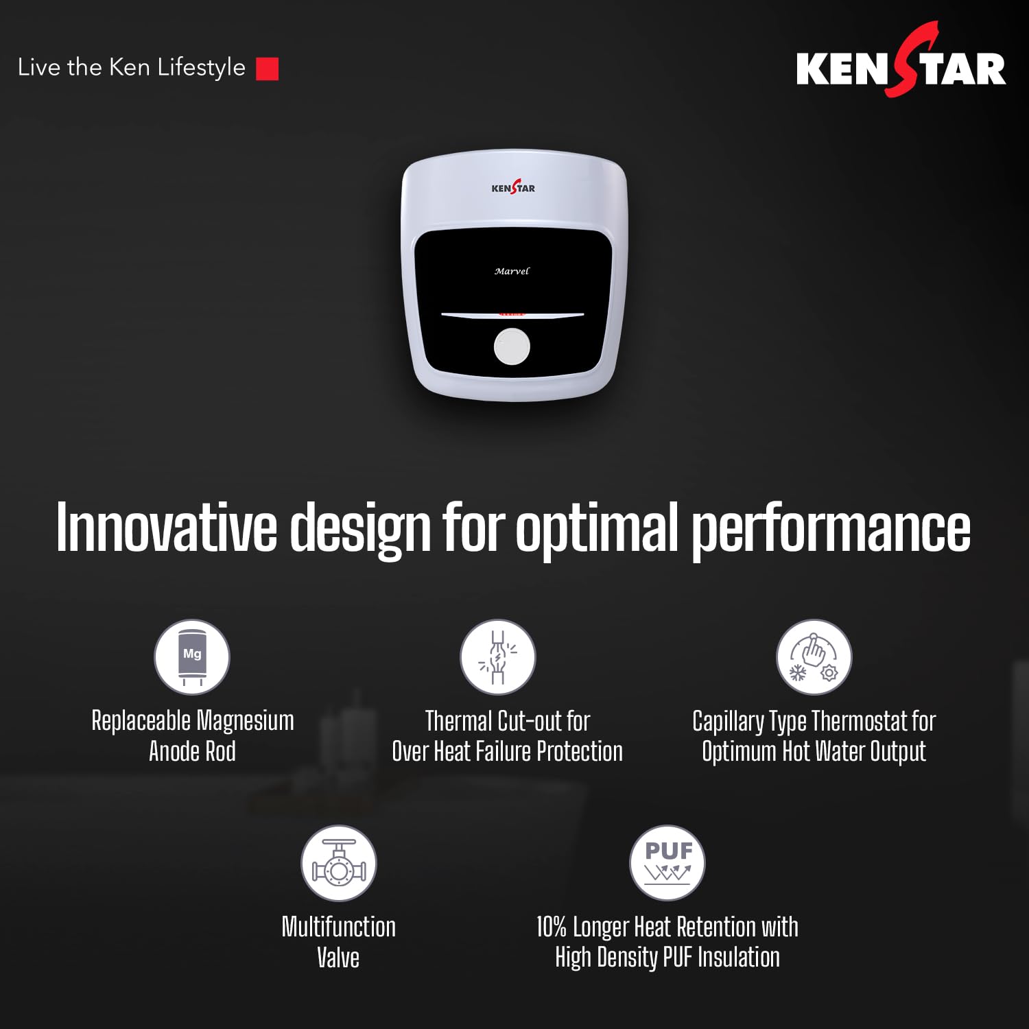 Kenstar Marvel 10-L, 5 Star Rated Storage Water Heater with Superior Glassline Coated Tank, Powerful 2000W Heating Element, Rust Proof Plastic Body and Advanced 3 Level Safety|(White and Blue) 