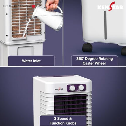 Kenstar PULSE HC 20 Portable/Room/Personal Air Cooler For Home| Honeycomb Pad |High Speed Fan |15 Ft Powerful Air Throw|Inverter compatible |Portable Cooler-Room|1-Yr Product Warranty|White & Purple 