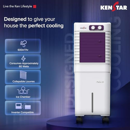 Kenstar PULSE HC 20 Portable/Room/Personal Air Cooler For Home| Honeycomb Pad |High Speed Fan |15 Ft Powerful Air Throw|Inverter compatible |Portable Cooler-Room|1-Yr Product Warranty|White & Purple 