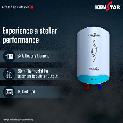 Kenstar Radix |3L|3000-Watts Powerful Heating | Electric Instant Water Heater (Geyser) |High Grade SS Tank with Advanced 4 Level Safety| Rust-Proof| White| Wall Mounting 