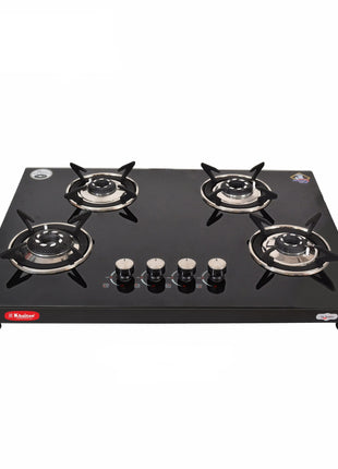 Khaitan 4 Burner Phantom Black Hobtop, Automatic Ignition Toughened Glass Top Open Cooktop Gas Stove With 1 Year Warranty 