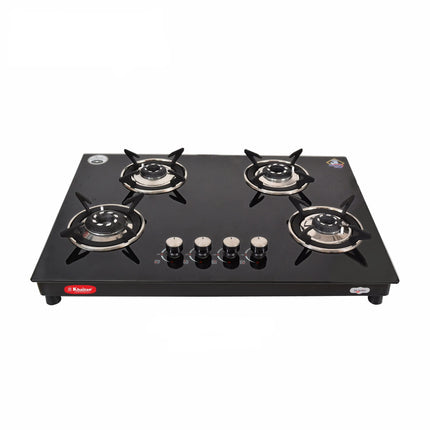 Khaitan 4 Burner Phantom Black Hobtop, Automatic Ignition Toughened Glass Top Open Cooktop Gas Stove With 1 Year Warranty 