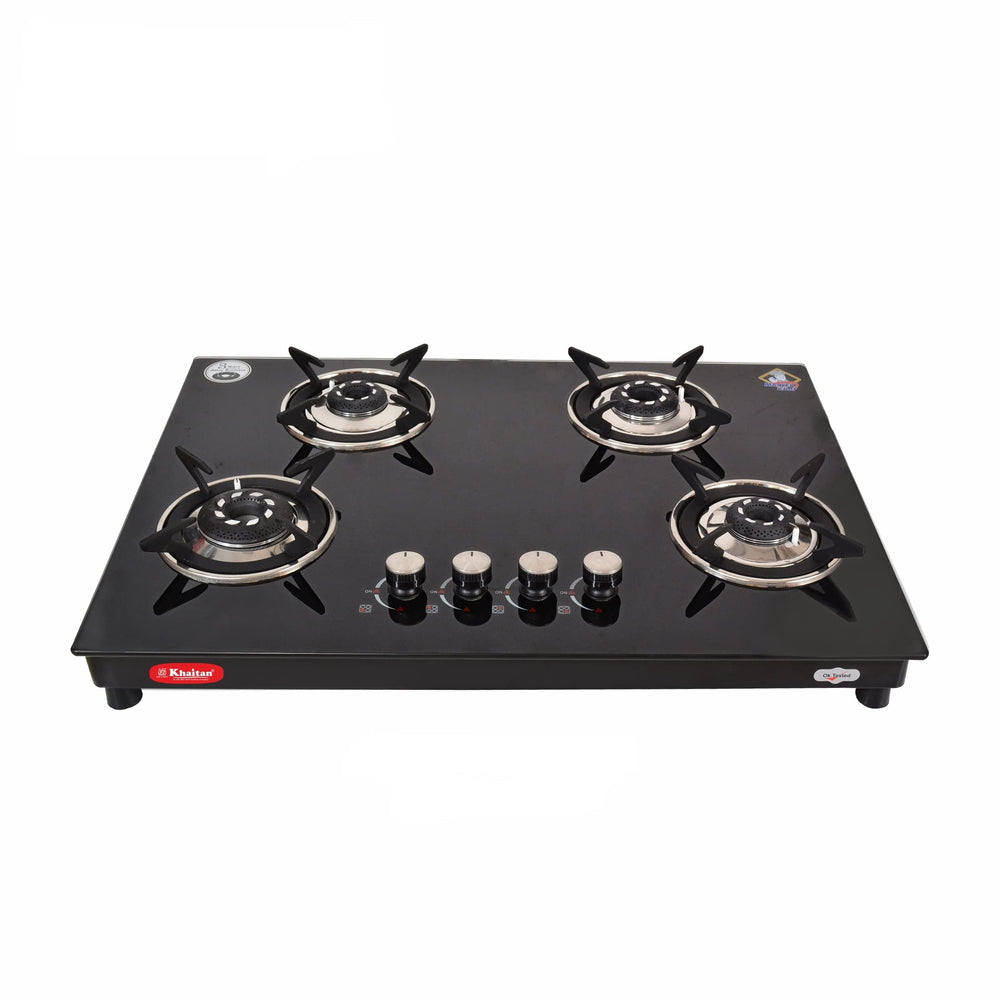 Khaitan 4 Burner Phantom Black Hobtop, Automatic Ignition Toughened Glass Top Open Cooktop Gas Stove With 1 Year Warranty