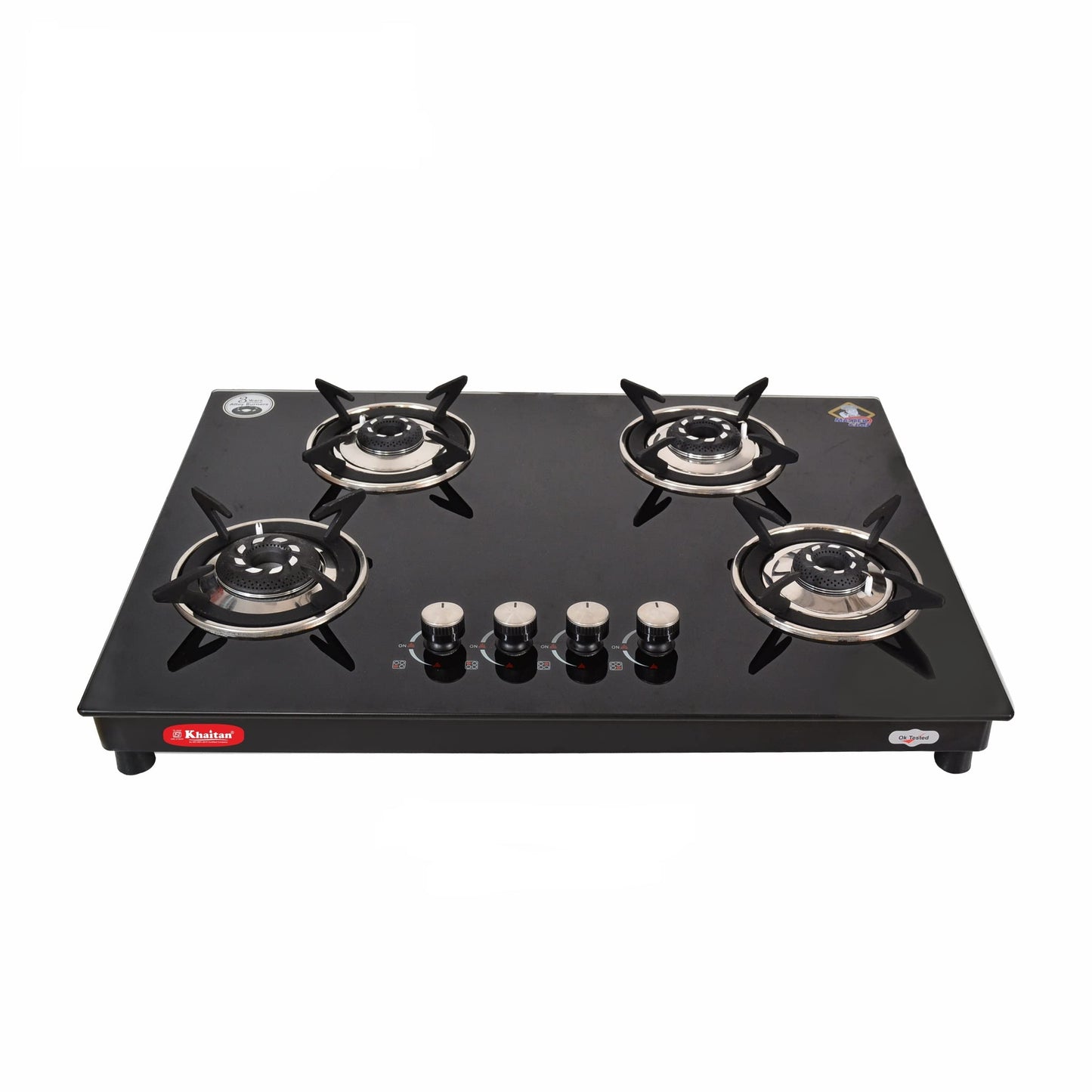Khaitan 4 Burner Phantom Black Hobtop, Automatic Ignition Toughened Glass Top Open Cooktop Gas Stove With 1 Year Warranty 