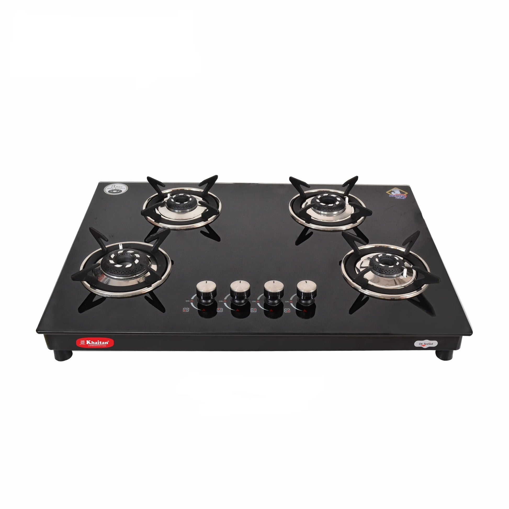 Khaitan 4 Burner Phantom Black Hobtop, Automatic Ignition Toughened Glass Top Open Cooktop Gas Stove With 1 Year Warranty 