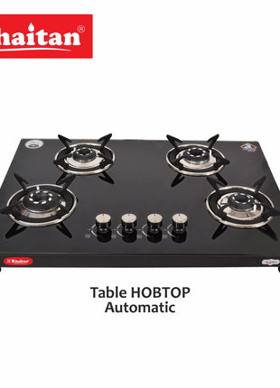 Khaitan 4 Burner Phantom Black Hobtop, Automatic Ignition Toughened Glass Top Open Cooktop Gas Stove With 1 Year Warranty 