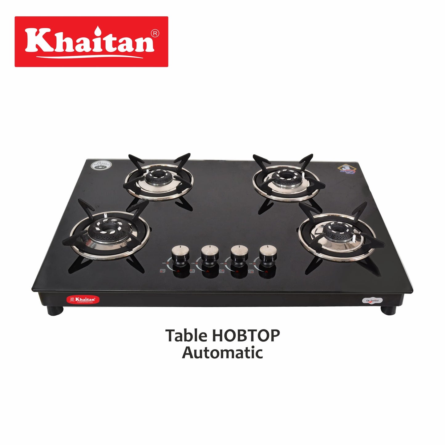 Khaitan 4 Burner Phantom Black Hobtop, Automatic Ignition Toughened Glass Top Open Cooktop Gas Stove With 1 Year Warranty 