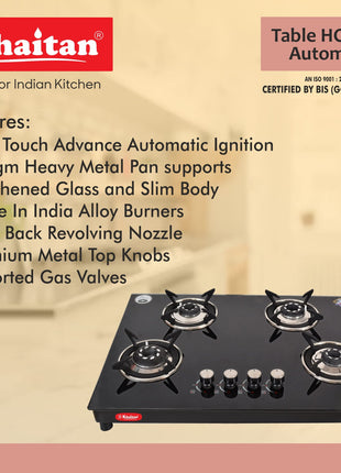 Khaitan 4 Burner Phantom Black Hobtop, Automatic Ignition Toughened Glass Top Open Cooktop Gas Stove With 1 Year Warranty 