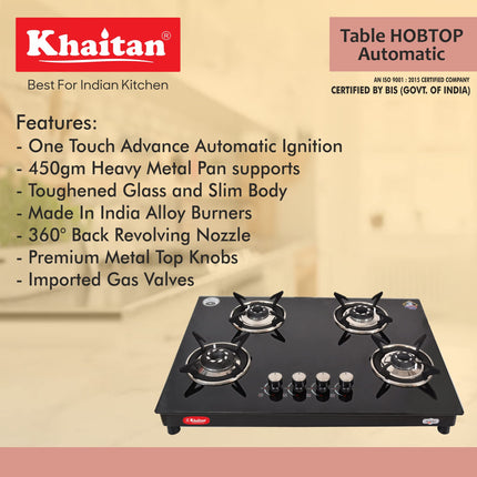 Khaitan 4 Burner Phantom Black Hobtop, Automatic Ignition Toughened Glass Top Open Cooktop Gas Stove With 1 Year Warranty 