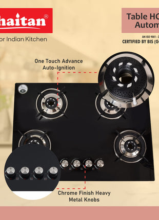 Khaitan 4 Burner Phantom Black Hobtop, Automatic Ignition Toughened Glass Top Open Cooktop Gas Stove With 1 Year Warranty 