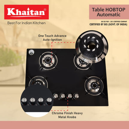 Khaitan 4 Burner Phantom Black Hobtop, Automatic Ignition Toughened Glass Top Open Cooktop Gas Stove With 1 Year Warranty 