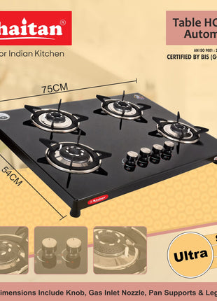 Khaitan 4 Burner Phantom Black Hobtop, Automatic Ignition Toughened Glass Top Open Cooktop Gas Stove With 1 Year Warranty 