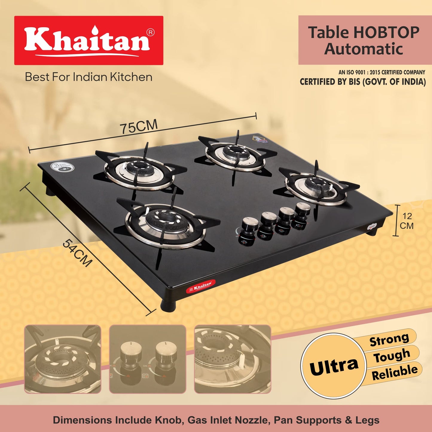 Khaitan 4 Burner Phantom Black Hobtop, Automatic Ignition Toughened Glass Top Open Cooktop Gas Stove With 1 Year Warranty 