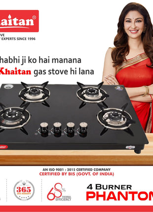 Khaitan 4 Burner Phantom Black Hobtop, Automatic Ignition Toughened Glass Top Open Cooktop Gas Stove With 1 Year Warranty 