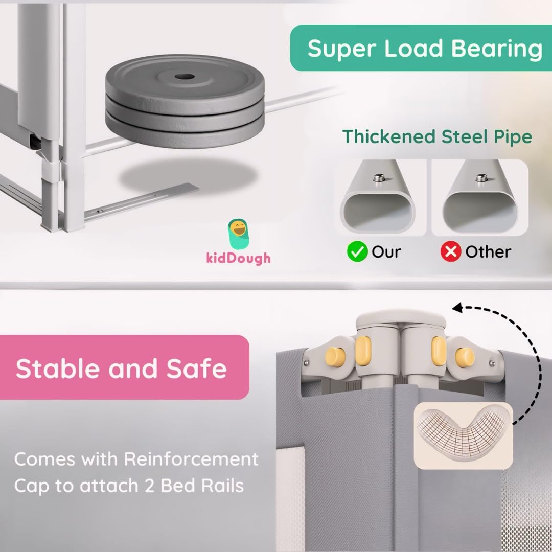 KidDough Bed Rail Guard for Kids Safety 6ft - 1 Side, Grey | Bed Rail for Baby Safety, Adjustable Height, Foldable Safeguard for Baby Proofing 