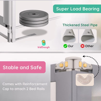 KidDough Bed Rail Guard for Kids Safety 6ft - 1 Side, Grey | Bed Rail for Baby Safety, Adjustable Height, Foldable Safeguard for Baby Proofing 