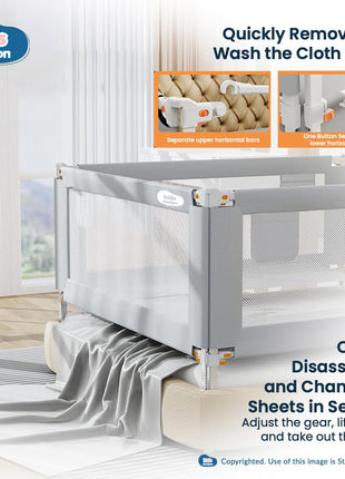 Kids Station Baby Bed Rail Guard for Kid Safety (6ft x 2.6ft), 180cm x 80cm, Baby Safety, Adjustable Height, Foldable Safeguard for Baby Proofing King Size Bed (6'0" x 6'0", 3 Side, Grey) 