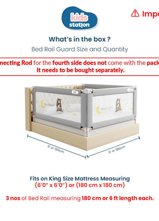 Kids Station Baby Bed Rail Guard for Kid Safety (6ft x 2.6ft), 180cm x 80cm, Baby Safety, Adjustable Height, Foldable Safeguard for Baby Proofing King Size Bed (6'0" x 6'0", 3 Side, Grey) 