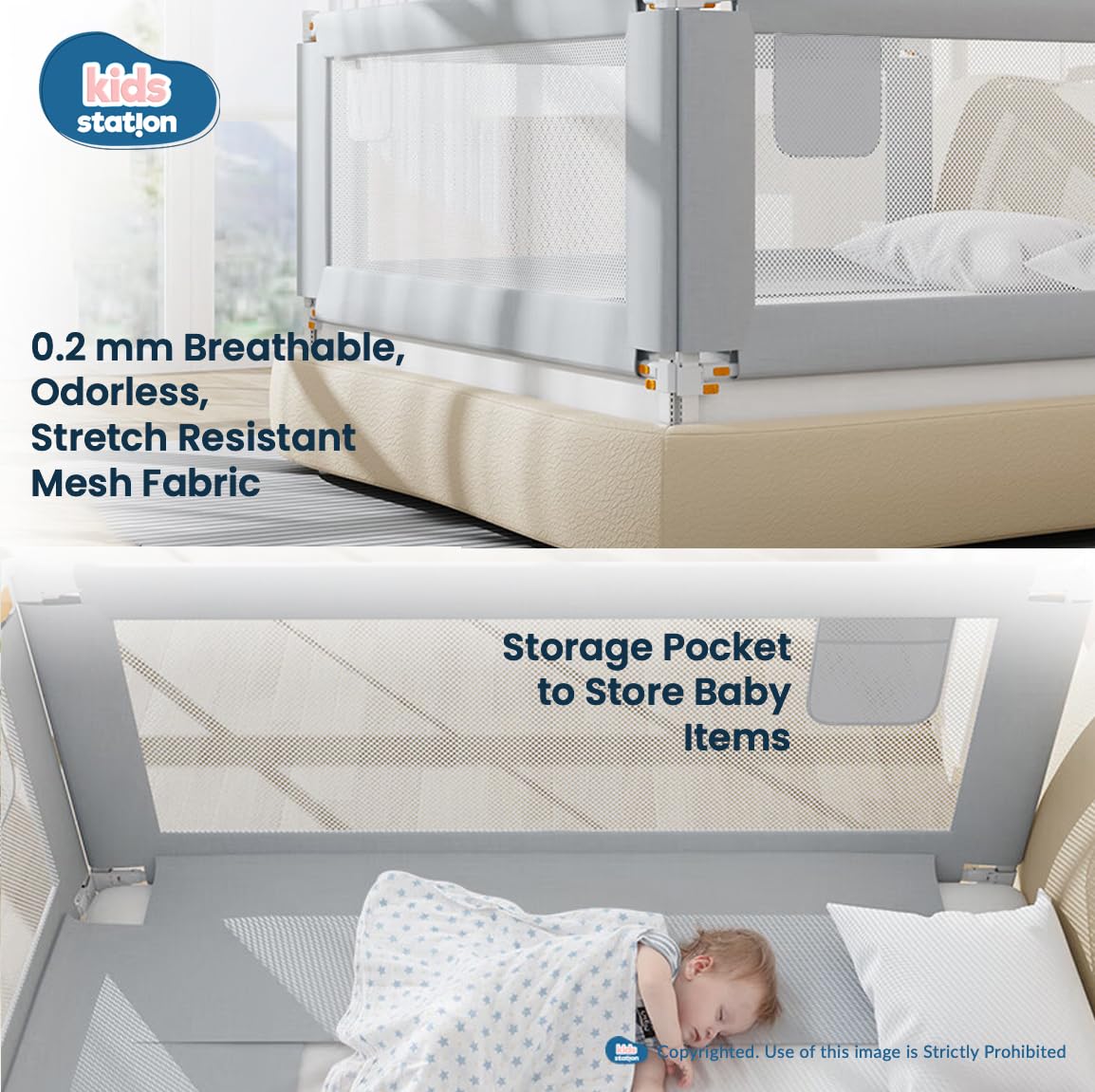 Kids Station Bed Rail for Baby Safety (6ft x 2.6ft), 180cm x 80cm, Baby Safety, Adjustable Height, Foldable Safeguard for Baby Proofing King Size Bed (6'0", 1 Side, Grey) 