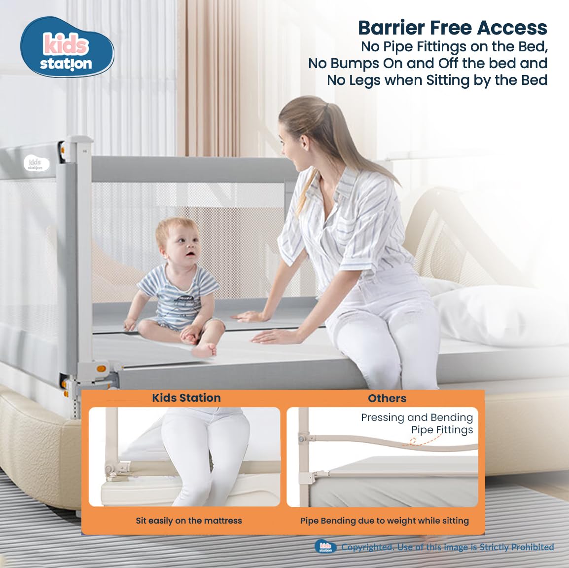 Kids Station Bed Rail for Baby Safety (6ft x 2.6ft), 180cm x 80cm, Baby Safety, Adjustable Height, Foldable Safeguard for Baby Proofing King Size Bed (6'0", 1 Side, Grey) 
