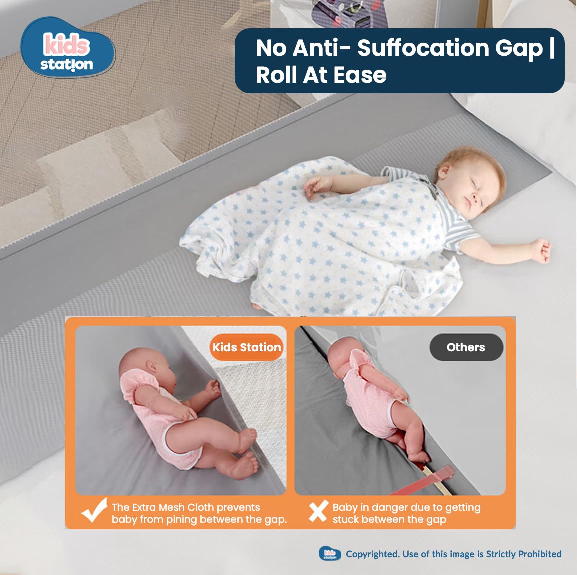 Kids Station Bed Rail for Baby Safety (6ft x 2.6ft), 180cm x 80cm, Baby Safety, Adjustable Height, Foldable Safeguard for Baby Proofing King Size Bed (6'0", 1 Side, Grey) 