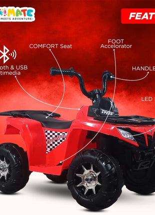 Kidsmate ATV Raider Electric Car for Kids | Battery Operated Cars for Kids with 6V Battery, LED Lights Bluetooth & USB Multimedia | Forward & Backward 4 Wheels Ride on Toy for Age 2-5 Yrs - Black/Red 