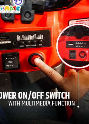 Kidsmate ATV Raider Electric Car for Kids | Battery Operated Cars for Kids with 6V Battery, LED Lights Bluetooth & USB Multimedia | Forward & Backward 4 Wheels Ride on Toy for Age 2-5 Yrs - Black/Red 