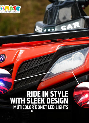 Kidsmate ATV Raider Electric Car for Kids | Battery Operated Cars for Kids with 6V Battery, LED Lights Bluetooth & USB Multimedia | Forward & Backward 4 Wheels Ride on Toy for Age 2-5 Yrs - Black/Red 