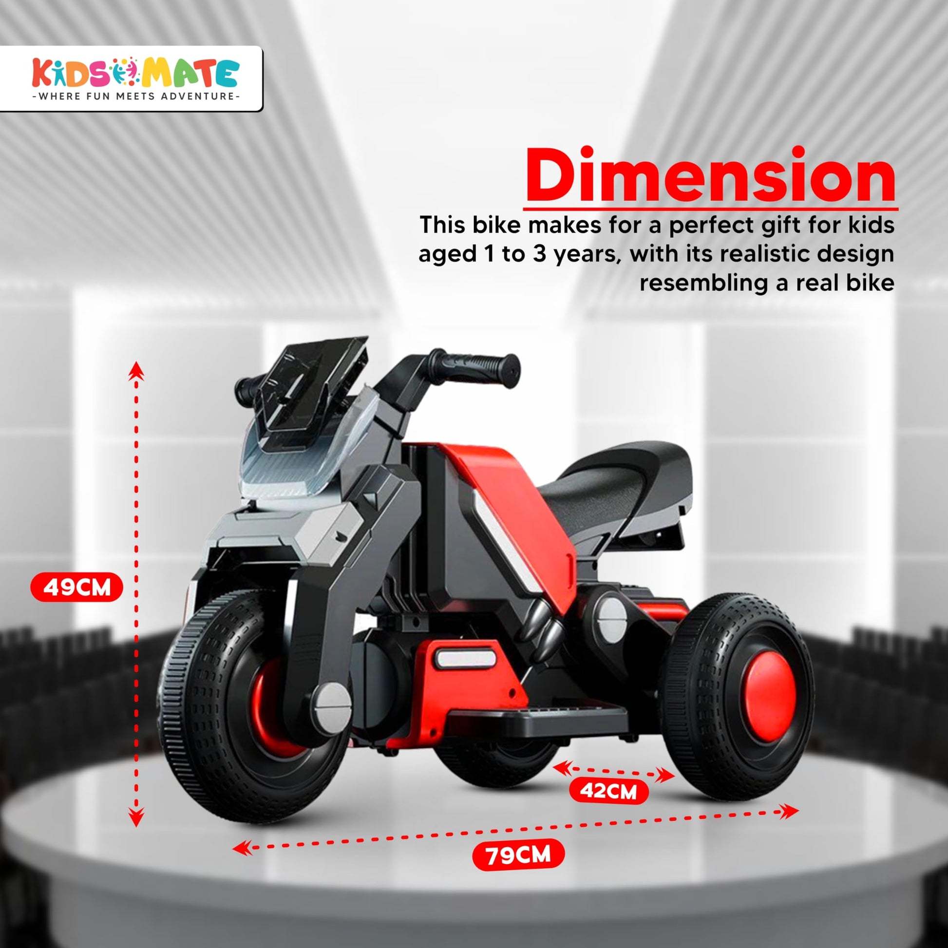 Kidsmate Hyrider 6V Electric Kids Bike with Rechargeable 6.5 Ah Battery Inbuilt Imported Motor Drive | Music Player, Front LED Light & Foot Accelerator Pedal Bike for Ages 1-4 Years - Red 