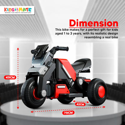 Kidsmate Hyrider 6V Electric Kids Bike with Rechargeable 6.5 Ah Battery Inbuilt Imported Motor Drive | Music Player, Front LED Light & Foot Accelerator Pedal Bike for Ages 1-4 Years - Red 