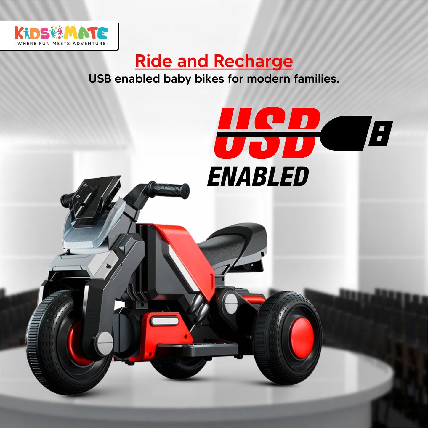 Kidsmate Hyrider 6V Electric Kids Bike with Rechargeable 6.5 Ah Battery Inbuilt Imported Motor Drive | Music Player, Front LED Light & Foot Accelerator Pedal Bike for Ages 1-4 Years - Red 