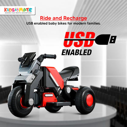 Kidsmate Hyrider 6V Electric Kids Bike with Rechargeable 6.5 Ah Battery Inbuilt Imported Motor Drive | Music Player, Front LED Light & Foot Accelerator Pedal Bike for Ages 1-4 Years - Red 