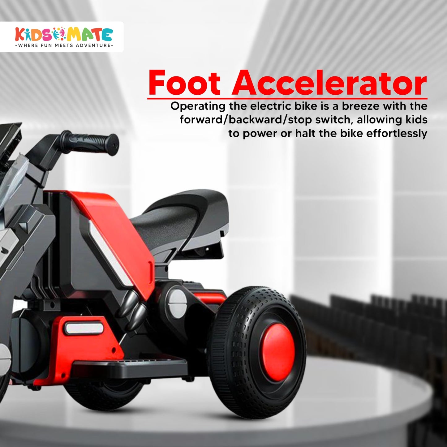 Kidsmate Hyrider 6V Electric Kids Bike with Rechargeable 6.5 Ah Battery Inbuilt Imported Motor Drive | Music Player, Front LED Light & Foot Accelerator Pedal Bike for Ages 1-4 Years - Red 