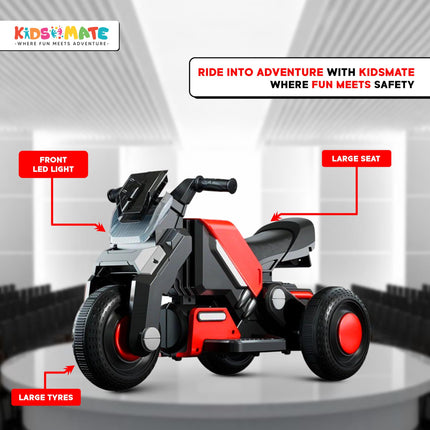 Kidsmate Hyrider 6V Electric Kids Bike with Rechargeable 6.5 Ah Battery Inbuilt Imported Motor Drive | Music Player, Front LED Light & Foot Accelerator Pedal Bike for Ages 1-4 Years - Red 