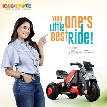 Kidsmate Hyrider 6V Electric Kids Bike with Rechargeable 6.5 Ah Battery Inbuilt Imported Motor Drive | Music Player, Front LED Light & Foot Accelerator Pedal Bike for Ages 1-4 Years - Red 