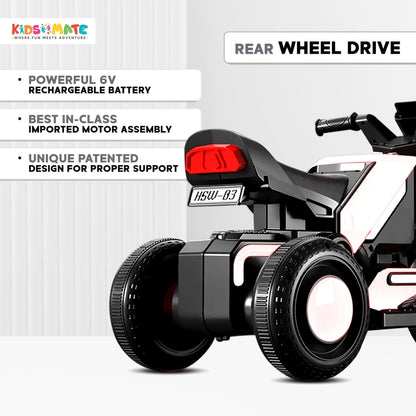 Kidsmate Hyrider 6V Electric Kids Bike with Rechargeable 6.5 Ah Battery Inbuilt Imported Motor Drive | Music Player, Front LED Light & Foot Accelerator Pedal Bike for Ages 1-4 Years (White) 