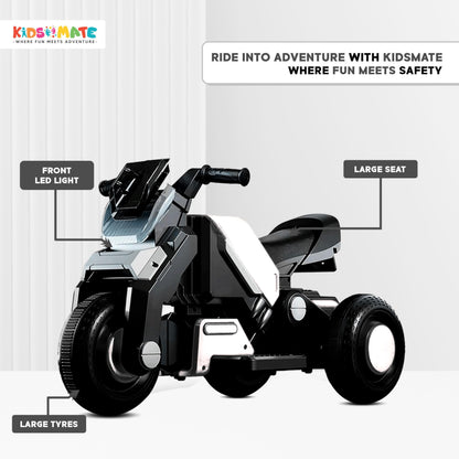 Kidsmate Hyrider 6V Electric Kids Bike with Rechargeable 6.5 Ah Battery Inbuilt Imported Motor Drive | Music Player, Front LED Light & Foot Accelerator Pedal Bike for Ages 1-4 Years (White) 