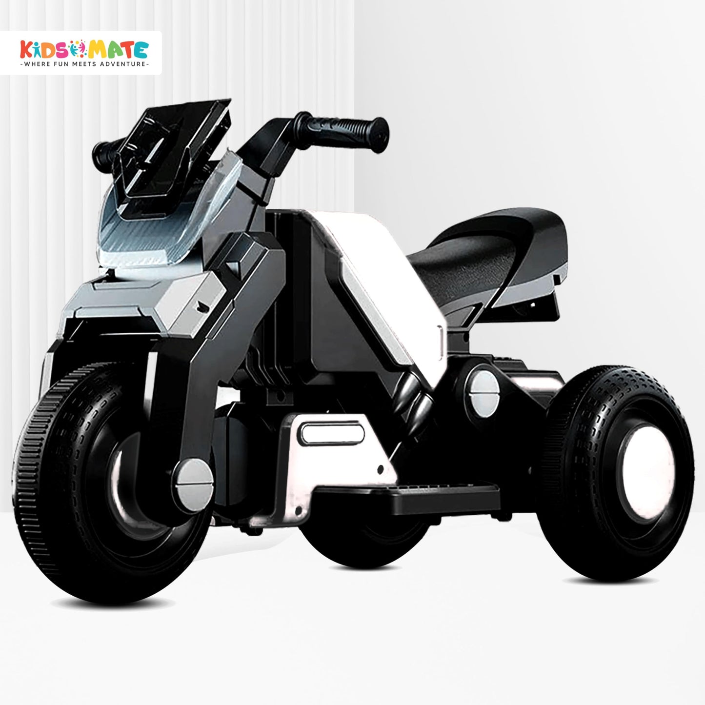 Kidsmate Hyrider 6V Electric Kids Bike with Rechargeable 6.5 Ah Battery Inbuilt Imported Motor Drive | Music Player, Front LED Light & Foot Accelerator Pedal Bike for Ages 1-4 Years (White) 