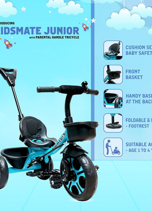 Kidsmate Junior Tricycle for Kids with Parental Control | Cycle for Kids 1-4 Years | Baby Cycle | Bicycle for Kids with Storage Basket, Cushion Seat and Seat Belt Carrying Capacity 30 Kgs (Blue) 