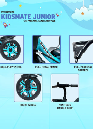 Kidsmate Junior Tricycle for Kids with Parental Control | Cycle for Kids 1-4 Years | Baby Cycle | Bicycle for Kids with Storage Basket, Cushion Seat and Seat Belt Carrying Capacity 30 Kgs (Blue) 