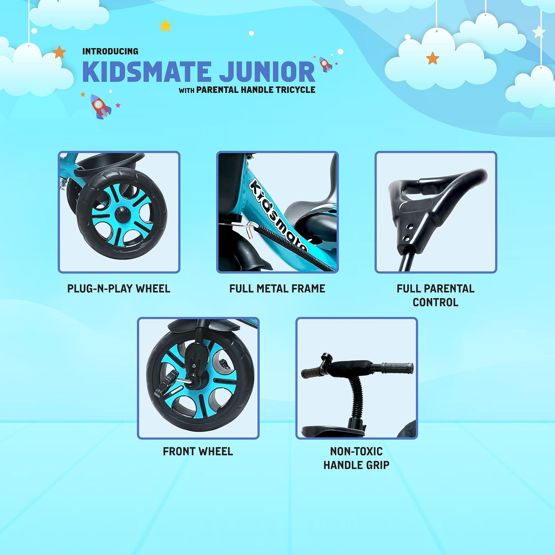 Kidsmate Junior Tricycle for Kids with Parental Control | Cycle for Kids 1-4 Years | Baby Cycle | Bicycle for Kids with Storage Basket, Cushion Seat and Seat Belt Carrying Capacity 30 Kgs (Blue) 