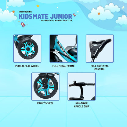 Kidsmate Junior Tricycle for Kids with Parental Control | Cycle for Kids 1-4 Years | Baby Cycle | Bicycle for Kids with Storage Basket, Cushion Seat and Seat Belt Carrying Capacity 30 Kgs (Blue) 