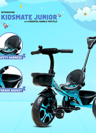 Kidsmate Junior Tricycle for Kids with Parental Control | Cycle for Kids 1-4 Years | Baby Cycle | Bicycle for Kids with Storage Basket, Cushion Seat and Seat Belt Carrying Capacity 30 Kgs (Blue) 