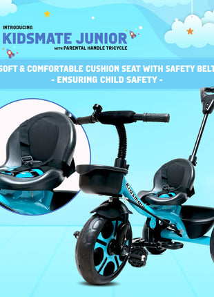 Kidsmate Junior Tricycle for Kids with Parental Control | Cycle for Kids 1-4 Years | Baby Cycle | Bicycle for Kids with Storage Basket, Cushion Seat and Seat Belt Carrying Capacity 30 Kgs (Blue) 