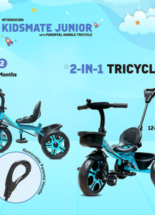 Kidsmate Junior Tricycle for Kids with Parental Control | Cycle for Kids 1-4 Years | Baby Cycle | Bicycle for Kids with Storage Basket, Cushion Seat and Seat Belt Carrying Capacity 30 Kgs (Blue) 