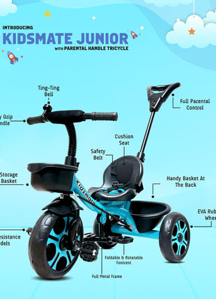 Kidsmate Junior Tricycle for Kids with Parental Control | Cycle for Kids 1-4 Years | Baby Cycle | Bicycle for Kids with Storage Basket, Cushion Seat and Seat Belt Carrying Capacity 30 Kgs (Blue) 