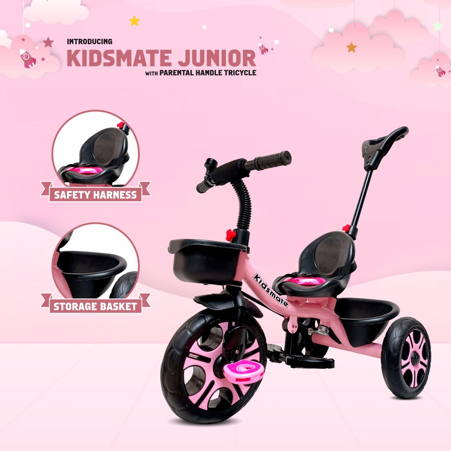 Kidsmate Junior Tricycle for Kids with Parental Control | Cycle for Kids 1-4 Years | Baby Cycle | Bicycle for Kids with Storage Basket, Cushion Seat and Seat Belt Carrying Capacity 30 Kgs (Pink) 
