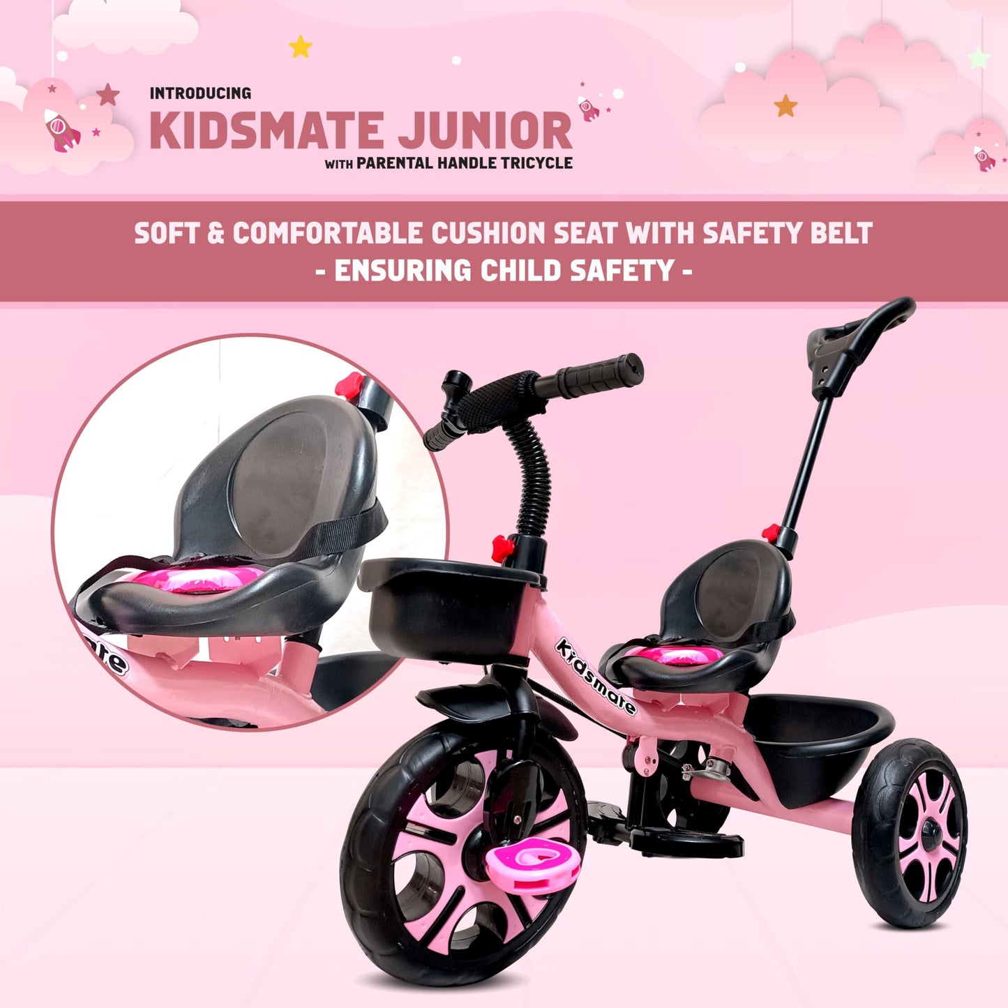 Kidsmate Junior Tricycle for Kids with Parental Control | Cycle for Kids 1-4 Years | Baby Cycle | Bicycle for Kids with Storage Basket, Cushion Seat and Seat Belt Carrying Capacity 30 Kgs (Pink) 