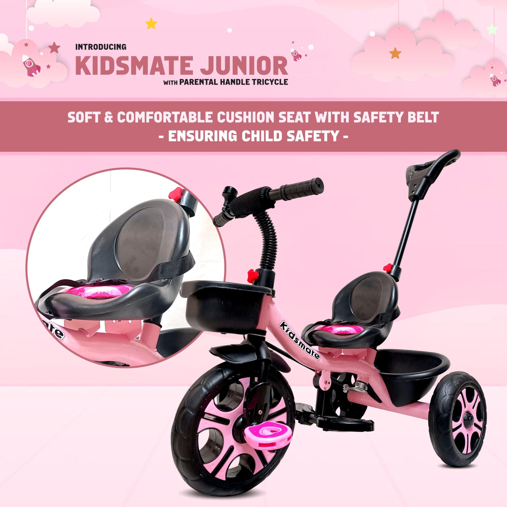 Kidsmate Junior Tricycle for Kids with Parental Control | Cycle for Kids 1-4 Years | Baby Cycle | Bicycle for Kids with Storage Basket, Cushion Seat and Seat Belt Carrying Capacity 30 Kgs (Pink) 